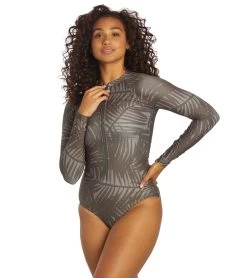 Sporti X Stef Corgel Manhattan Beach Palm Shadow Zip Front Long-Sleeve One Piece Swimsuit -Swim Equipment Store 7360963903656 blacksand 4a