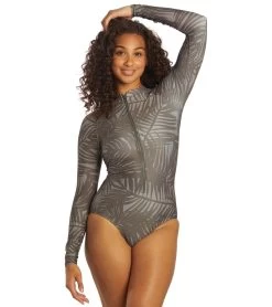 Sporti X Stef Corgel Manhattan Beach Palm Shadow Zip Front Long-Sleeve One Piece Swimsuit -Swim Equipment Store 7360963903656 blacksand 5a