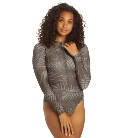 Sporti X Stef Corgel Manhattan Beach Palm Shadow Zip Front Long-Sleeve One Piece Swimsuit -Swim Equipment Store 7360963903656 blacksand 6a