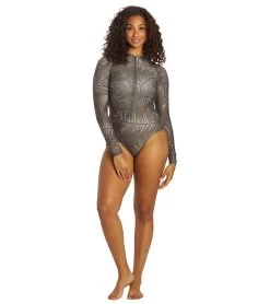 Sporti X Stef Corgel Manhattan Beach Palm Shadow Zip Front Long-Sleeve One Piece Swimsuit -Swim Equipment Store 7360963903656 blacksand 8a