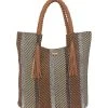 Striped Shoulder Tote W/ Faux Leather Tassels -Swim Equipment Store 7400663842984 brown 1a